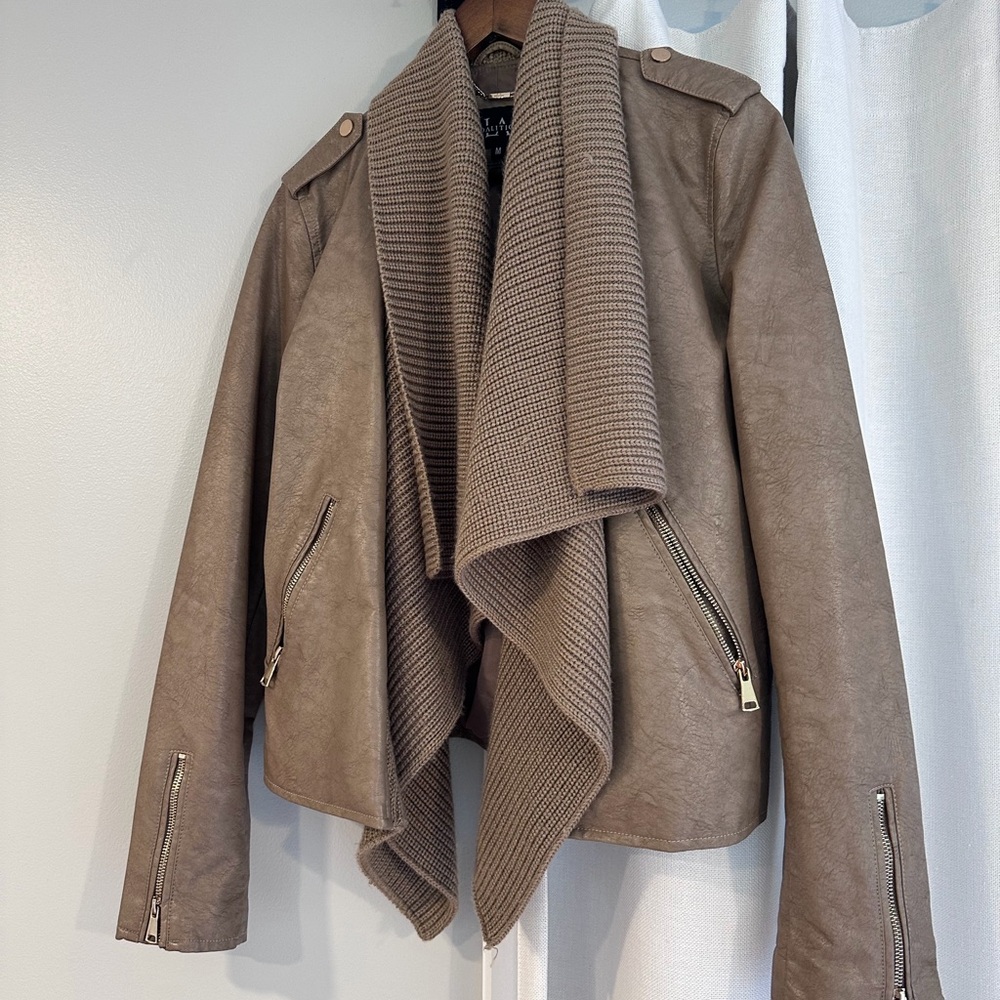 Women's Taupe Leather Jacket with Waterfall Collar